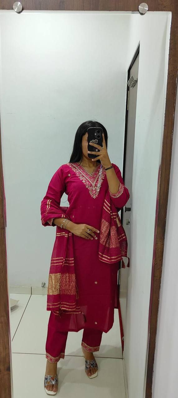 Cherry Roman Silk Kurti Pent Dupatta Set with Embroidery & Sequins