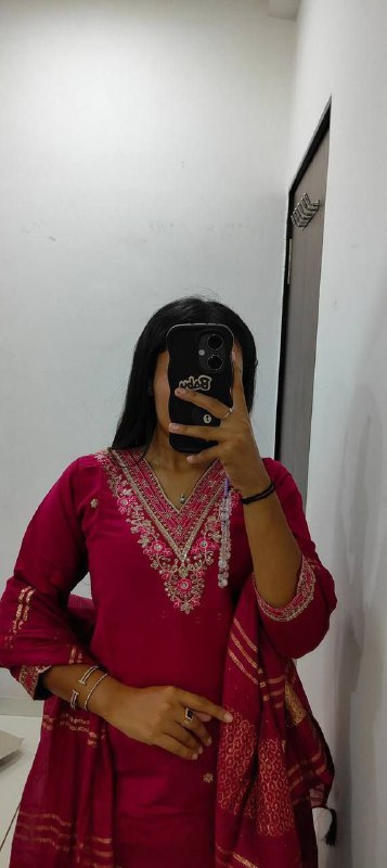 Cherry Roman Silk Kurti Pent Dupatta Set with Embroidery & Sequins