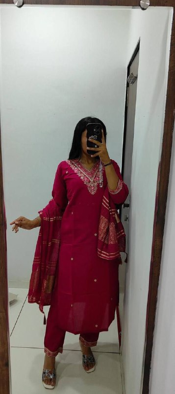 Cherry Roman Silk Kurti Pent Dupatta Set with Embroidery & Sequins