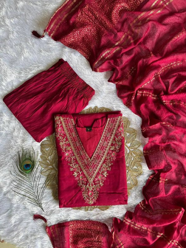 Cherry Roman Silk Kurti Pent Dupatta Set with Embroidery & Sequins