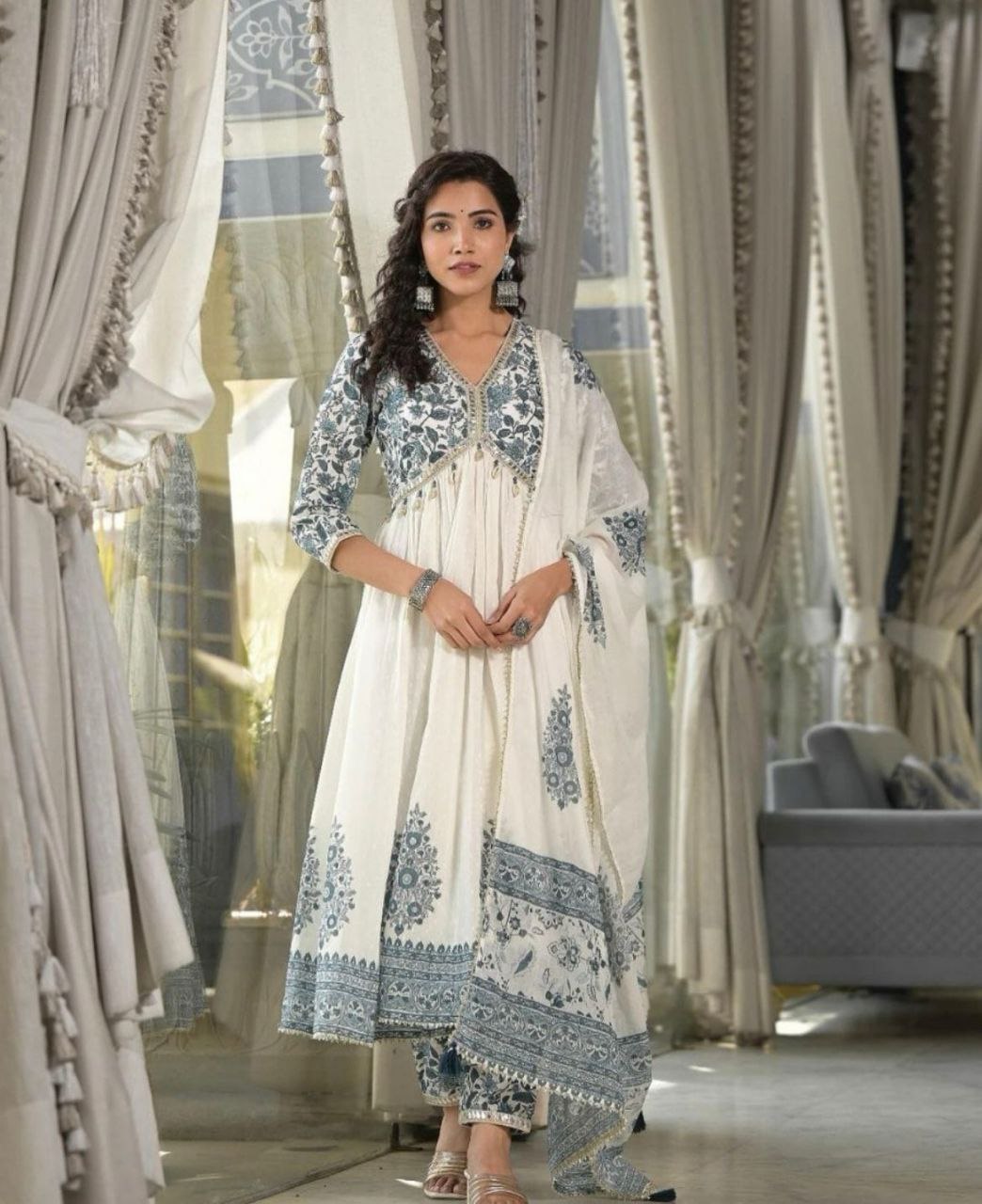 Alia Style Cotton Printed Suit Set with Embroidered Kurti