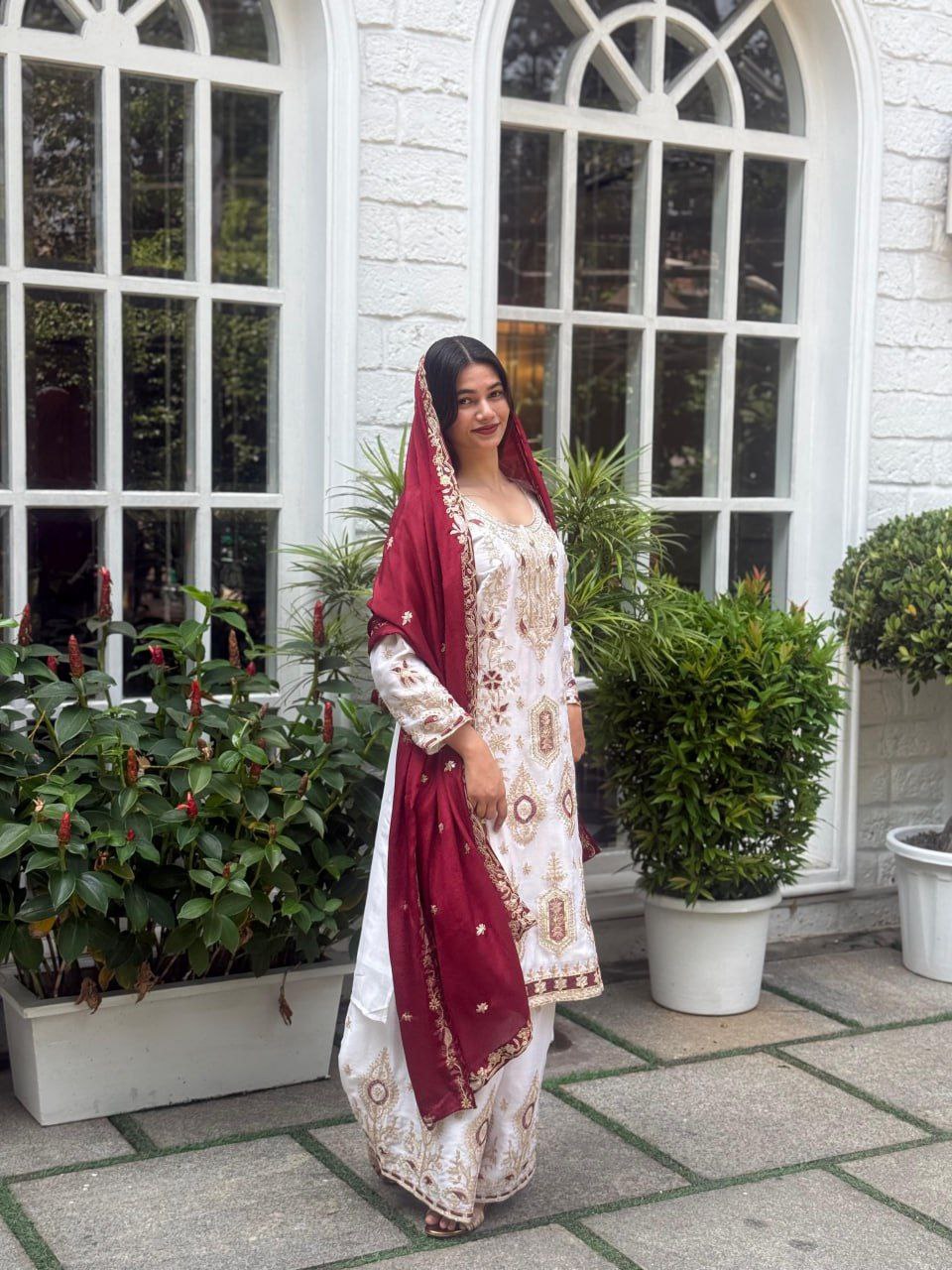 Pure Chinon Silk Embroidered Palazzo Suit with Dupatta