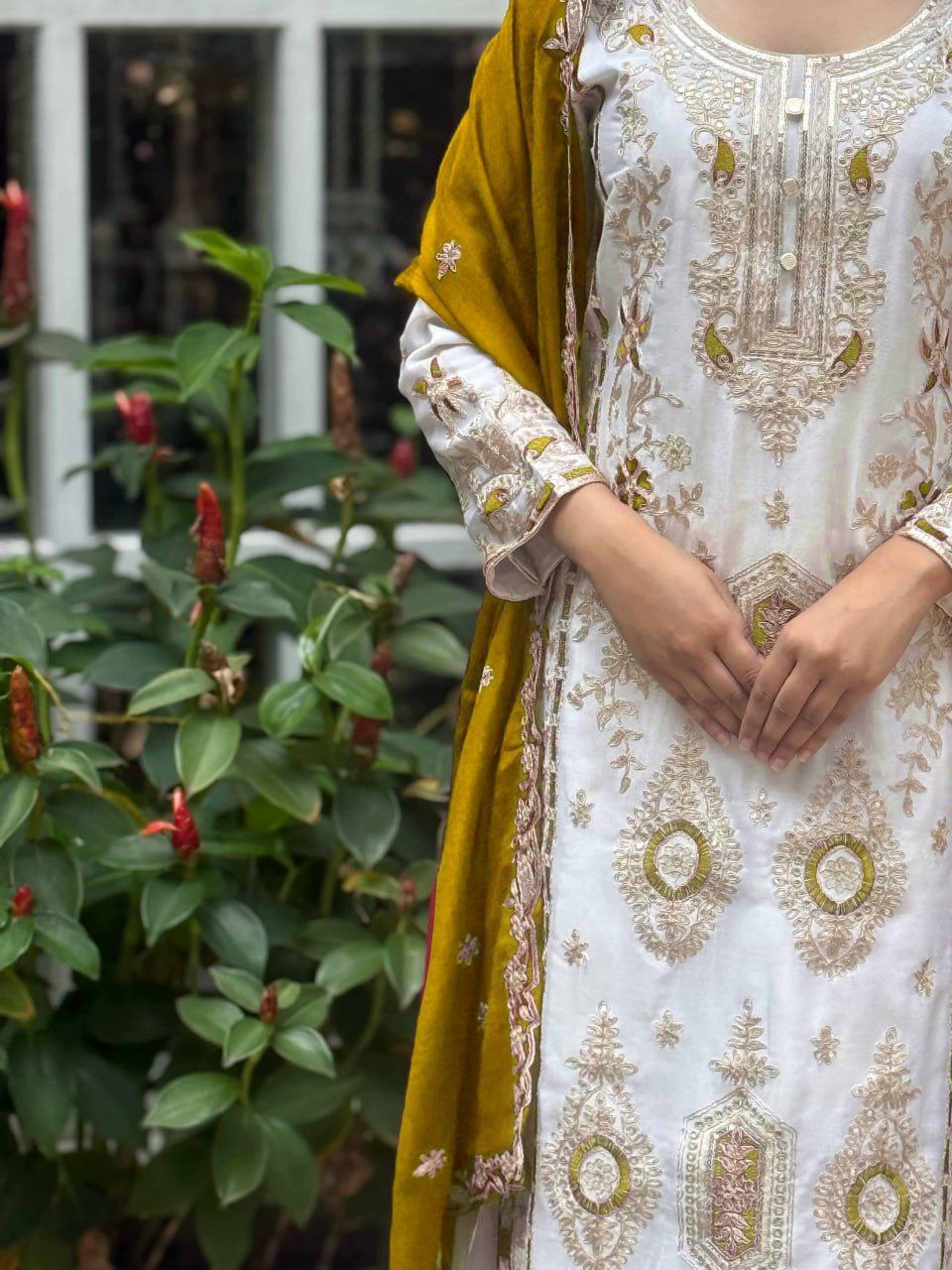 Pure Chinon Silk Embroidered Palazzo Suit with Dupatta