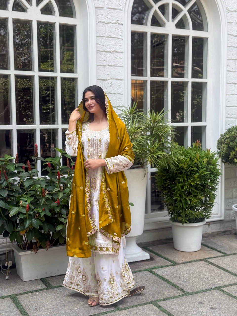 Pure Chinon Silk Embroidered Palazzo Suit with Dupatta