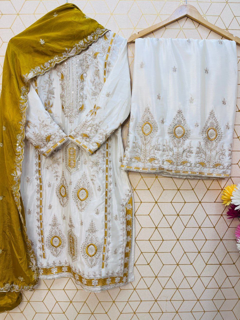 Pure Chinon Silk Embroidered Palazzo Suit with Dupatta