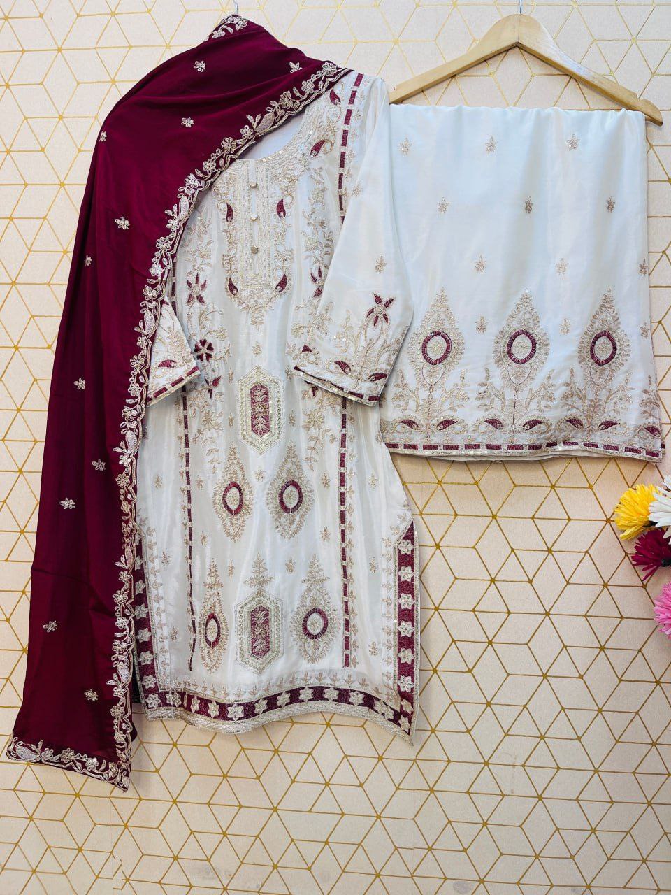 Pure Chinon Silk Embroidered Palazzo Suit with Dupatta