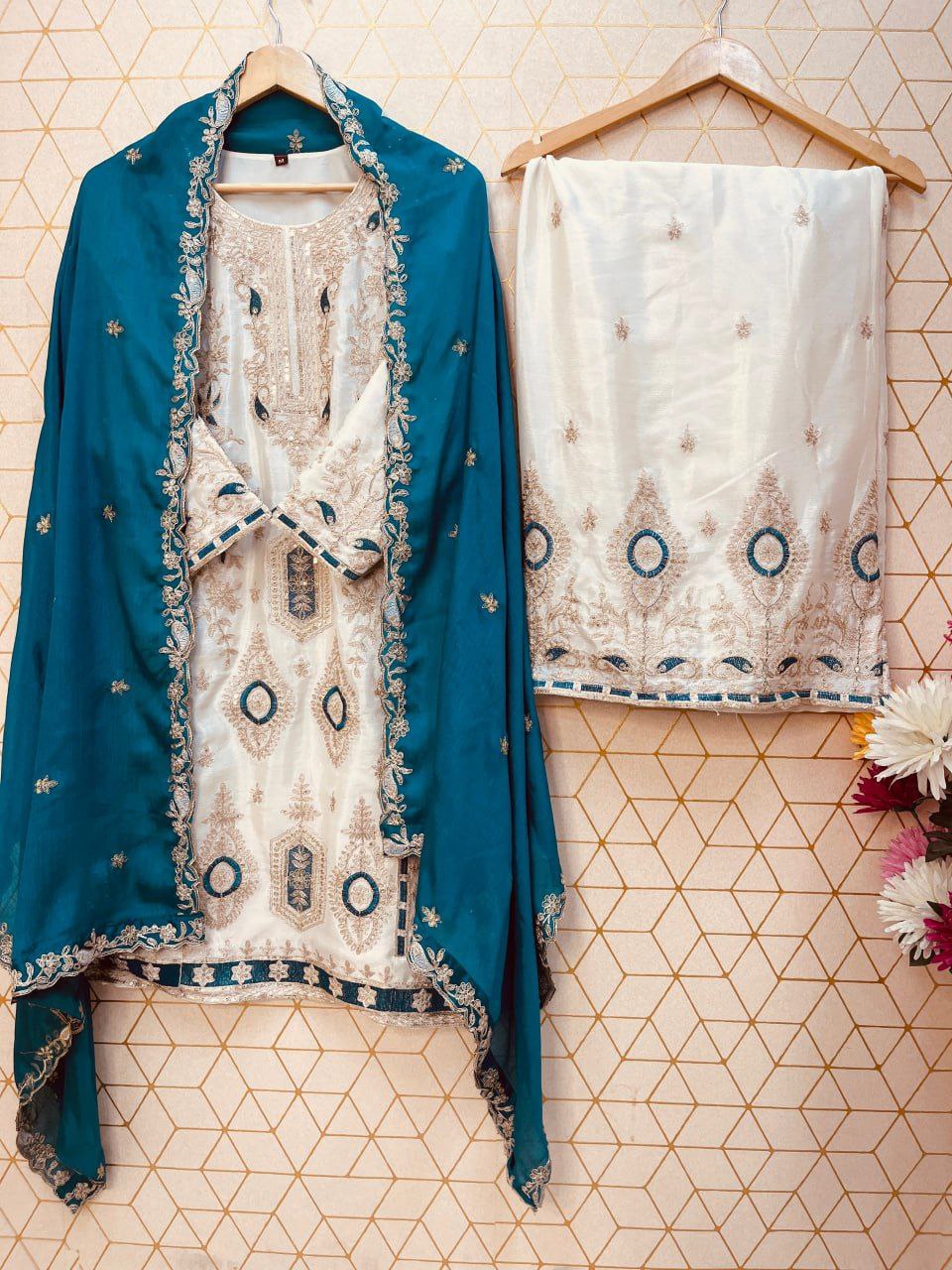 Pure Chinon Silk Embroidered Palazzo Suit with Dupatta