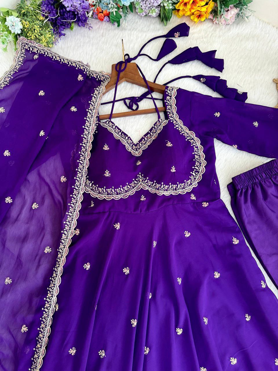 Purple Fox Georgette Rembo Sequence Gown Pant Dupatta