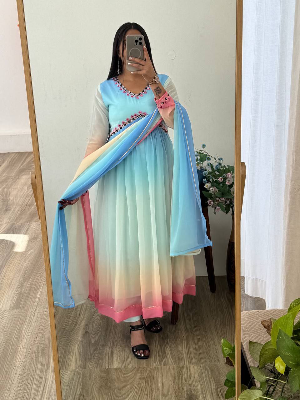 Premium 3D Georgette Alia Gown Pant Dupatta Set