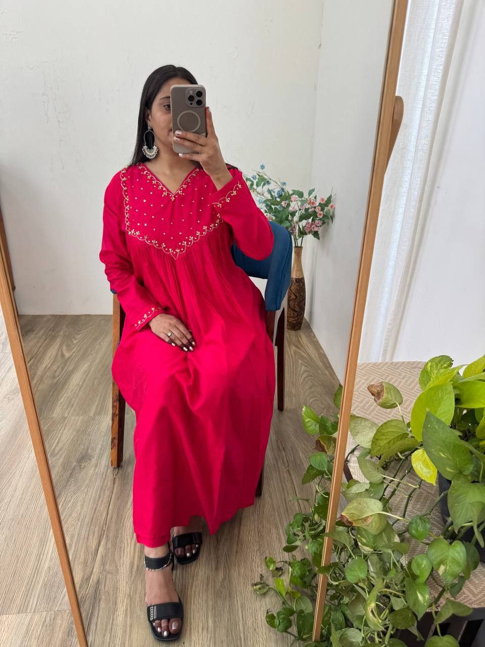 Cherry Pink Mul Cotton Chanderi Gown Pant Dupatta Set