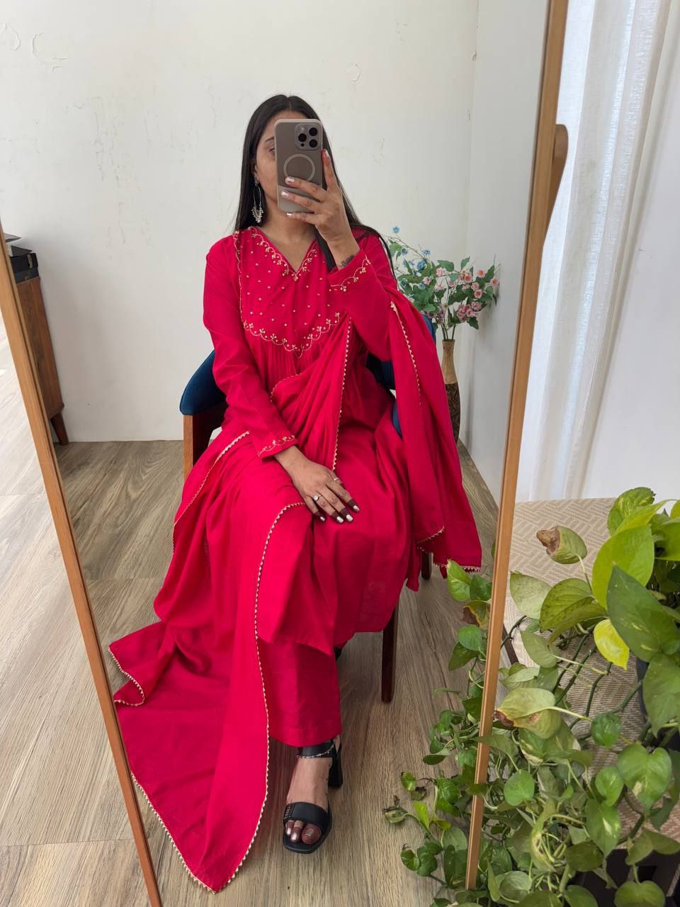 Cherry Pink Mul Cotton Chanderi Gown Pant Dupatta Set