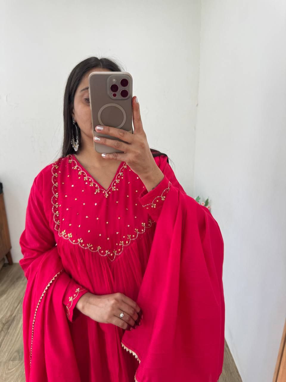 Cherry Pink Mul Cotton Chanderi Gown Pant Dupatta Set