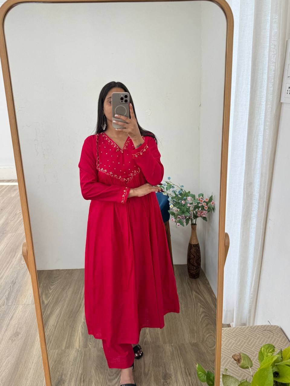 Cherry Pink Mul Cotton Chanderi Gown Pant Dupatta Set