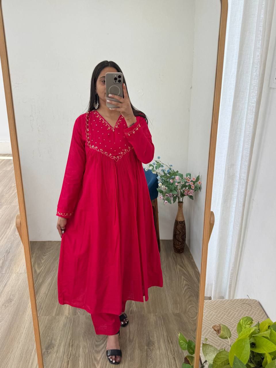 Cherry Pink Mul Cotton Chanderi Gown Pant Dupatta Set