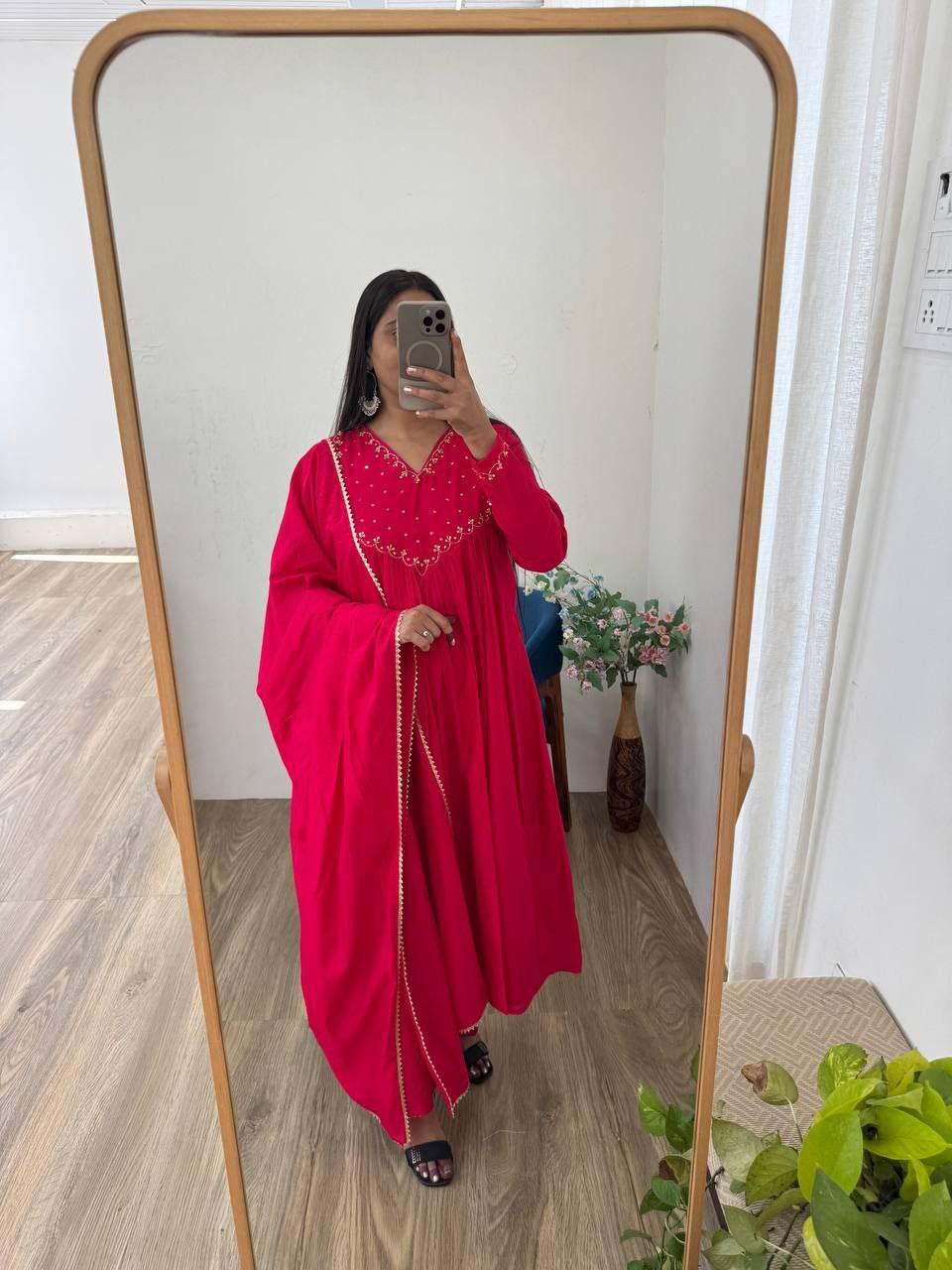 Cherry Pink Mul Cotton Chanderi Gown Pant Dupatta Set