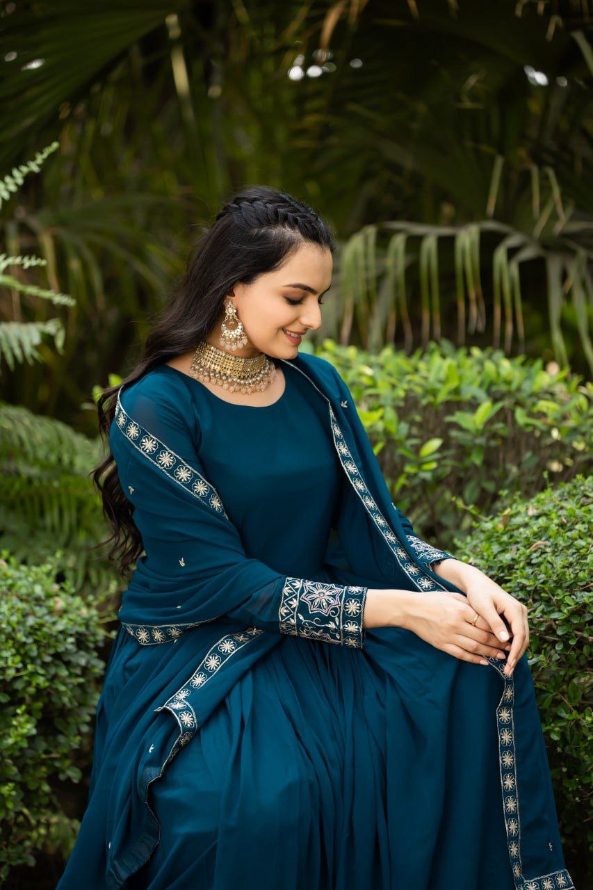 Teal Blue Faux Blooming Anarkali Gown with Sequins Dupatta