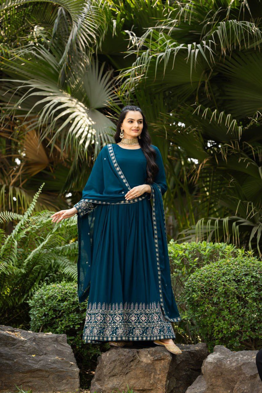 Teal Blue Faux Blooming Anarkali Gown with Sequins Dupatta