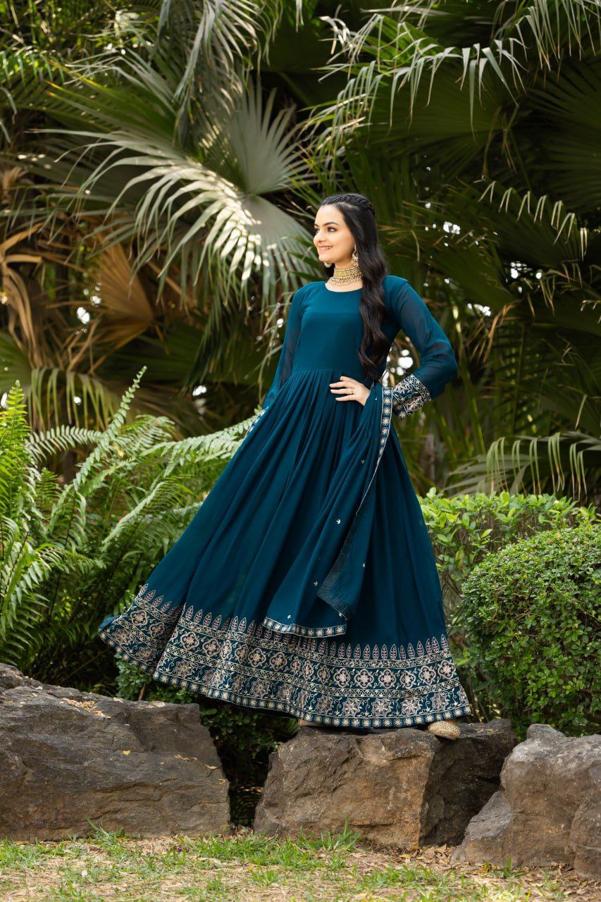 Teal Blue Faux Blooming Anarkali Gown with Sequins Dupatta