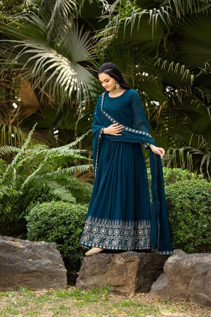 Teal Blue Faux Blooming Anarkali Gown with Sequins Dupatta