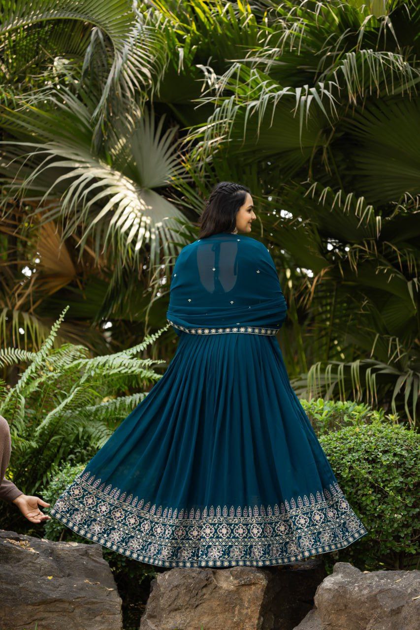 Teal Blue Faux Blooming Anarkali Gown with Sequins Dupatta