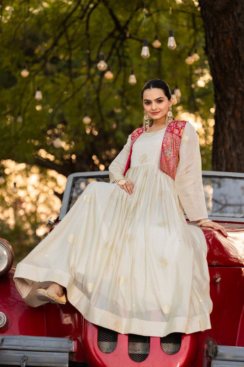 Ivory Jacquard Butti Gown with Pink Jacquard Koti