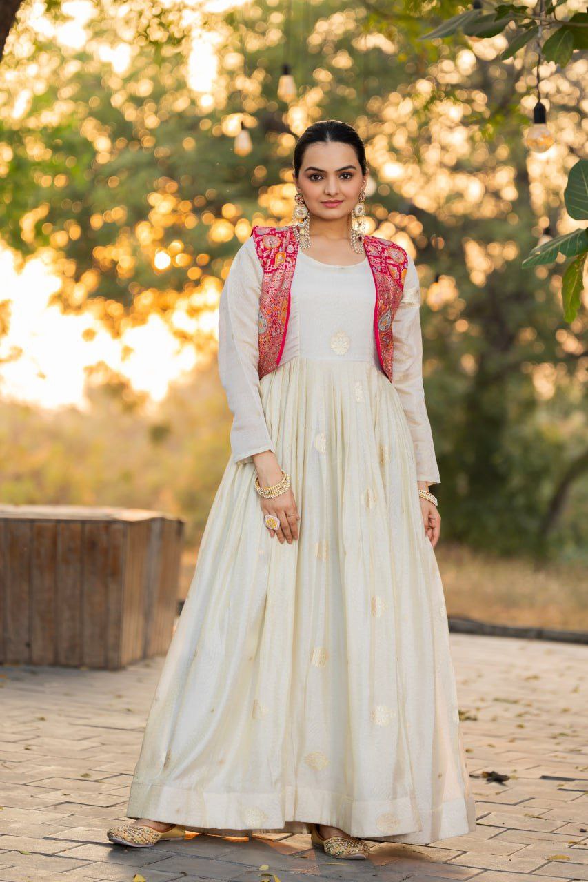 Ivory Jacquard Butti Gown with Pink Jacquard Koti