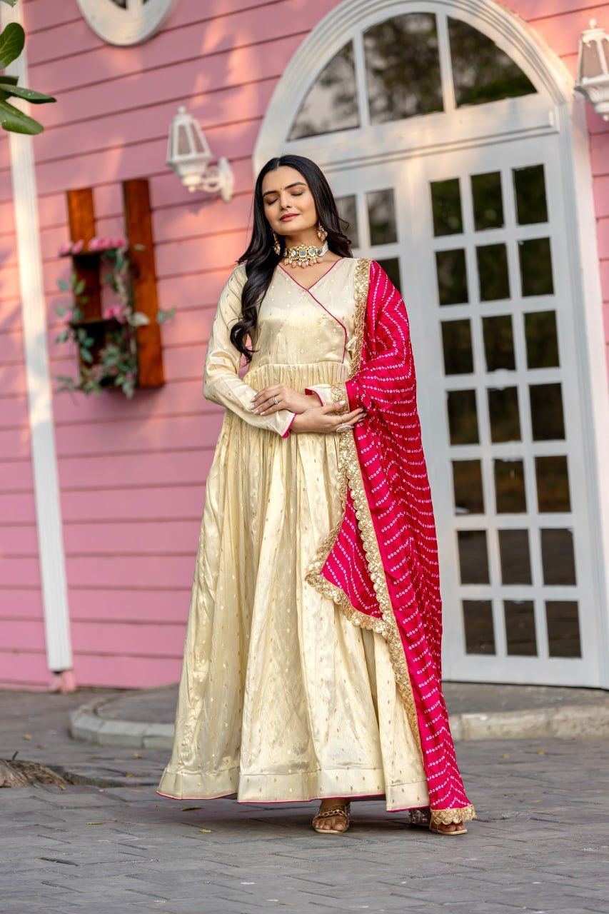 Celestial Elegance Jequard Butti Gown with Chinon Dupatta