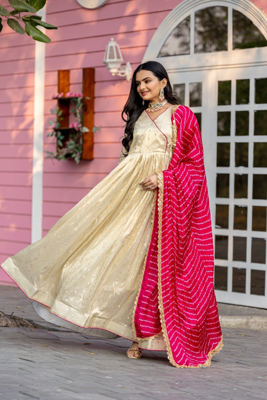 Celestial Elegance Jequard Butti Gown with Chinon Dupatta