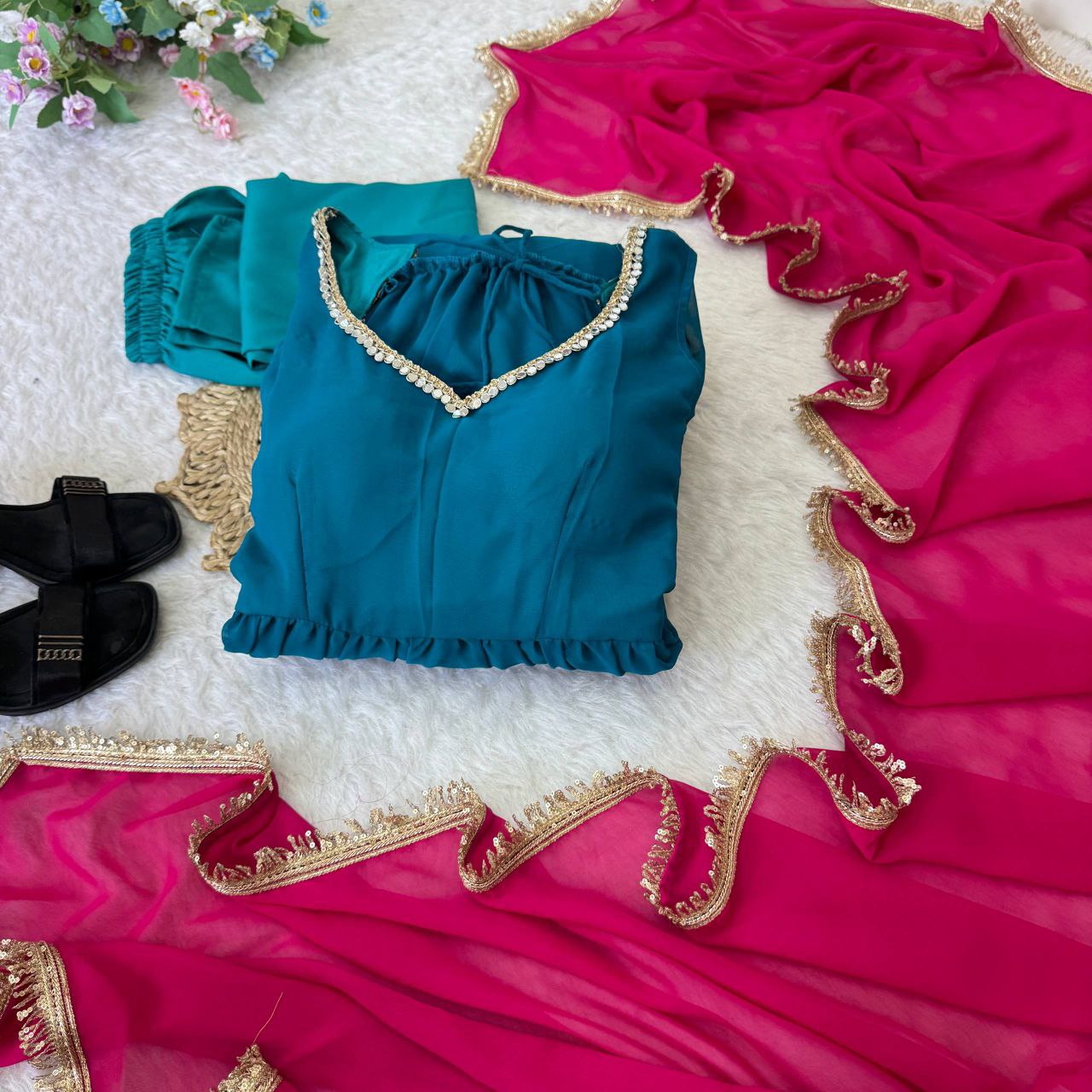 Fox Georgette Sequence Embroidered Gown Pant Dupatta Set