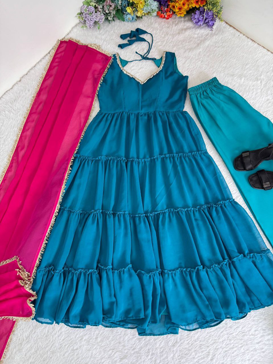 Fox Georgette Sequence Embroidered Gown Pant Dupatta Set