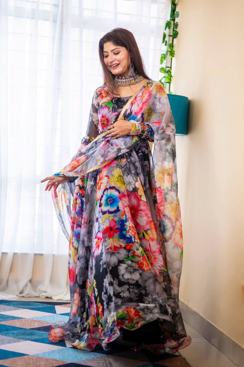 Organza Taby Silk Digital Print Gown Set with Dupatta Premium