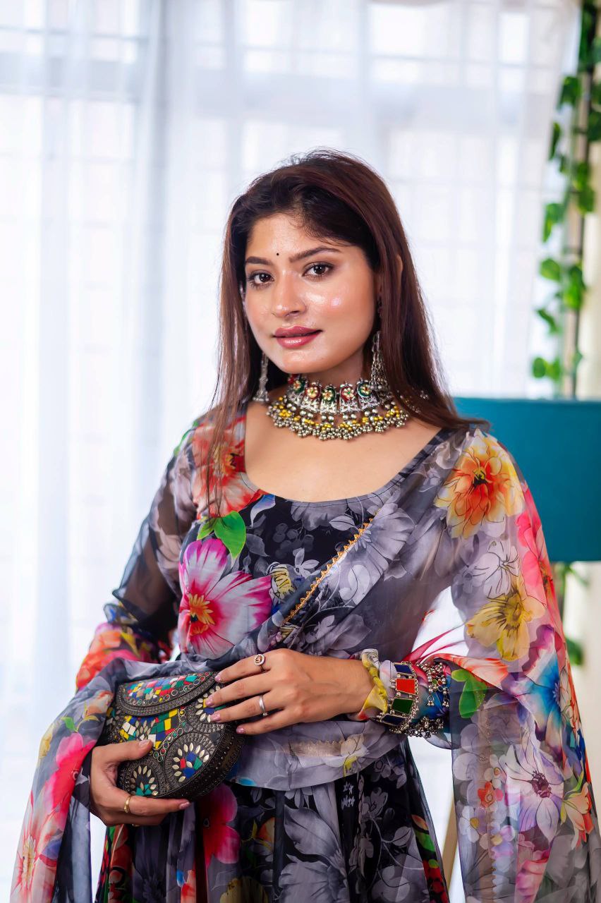 Organza Taby Silk Digital Print Gown Set with Dupatta Premium