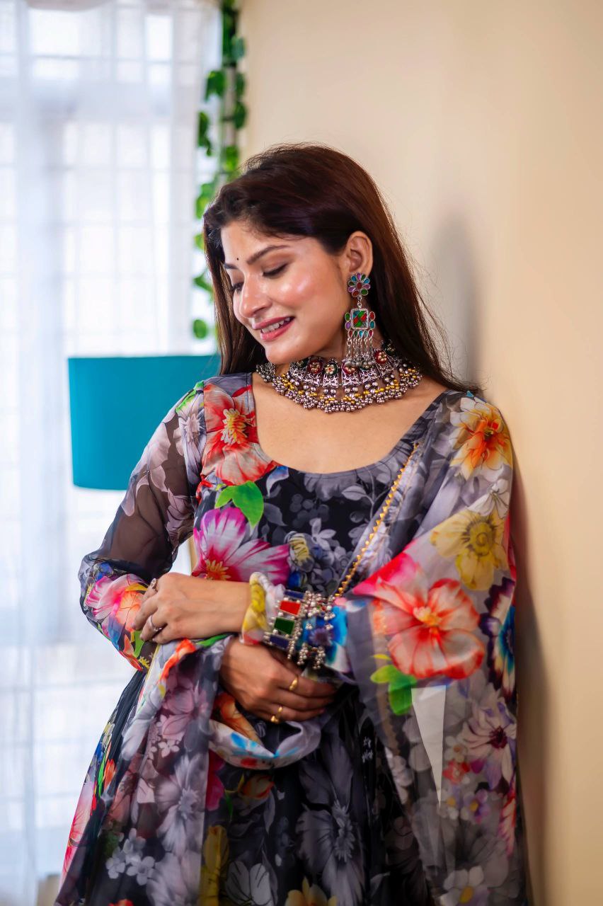 Organza Taby Silk Digital Print Gown Set with Dupatta Premium