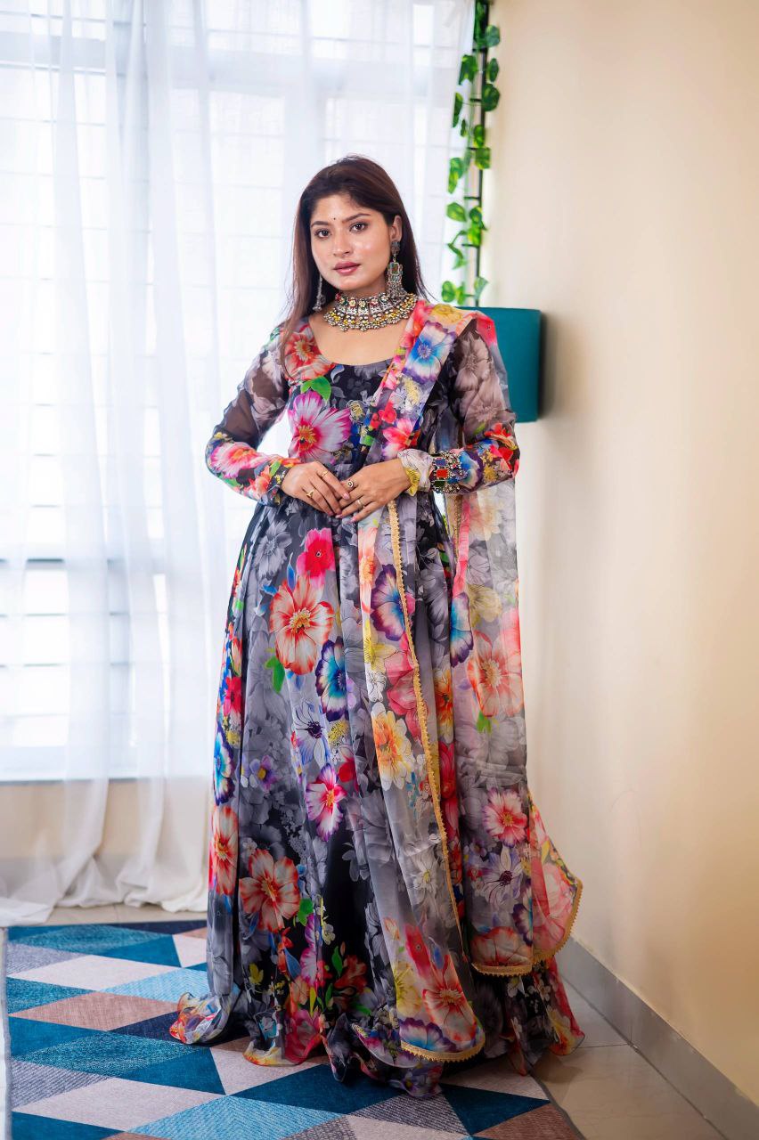 Organza Taby Silk Digital Print Gown Set with Dupatta Premium