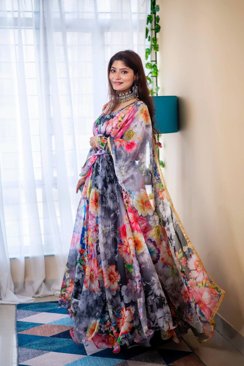 Organza Taby Silk Digital Print Gown Set with Dupatta Premium