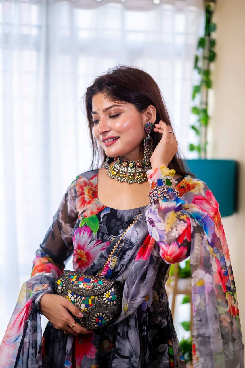 Organza Taby Silk Digital Print Gown Set with Dupatta Premium