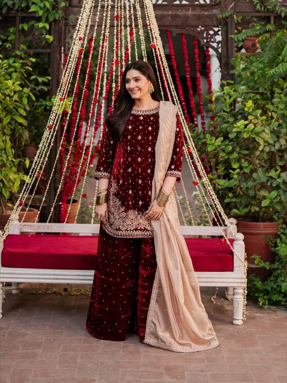 Velvet Embroidered Top Plazzo Set with Organza Dupatta Party Wear