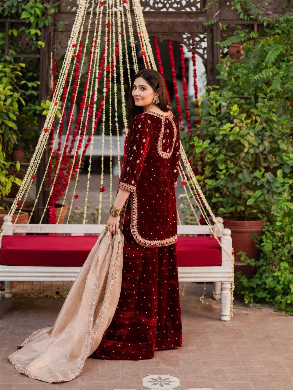 Velvet Embroidered Top Plazzo Set with Organza Dupatta Party Wear