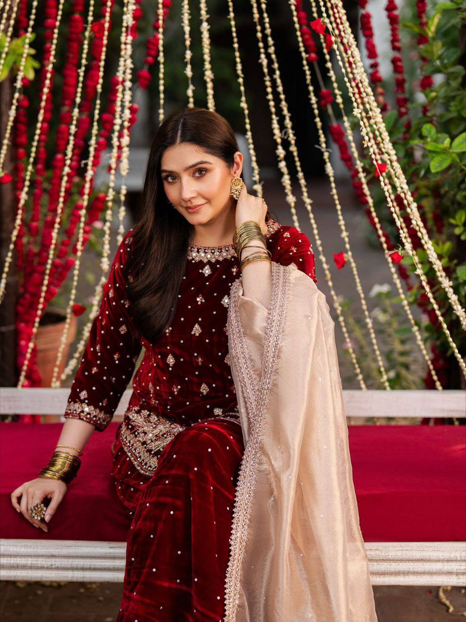 Velvet Embroidered Top Plazzo Set with Organza Dupatta Party Wear