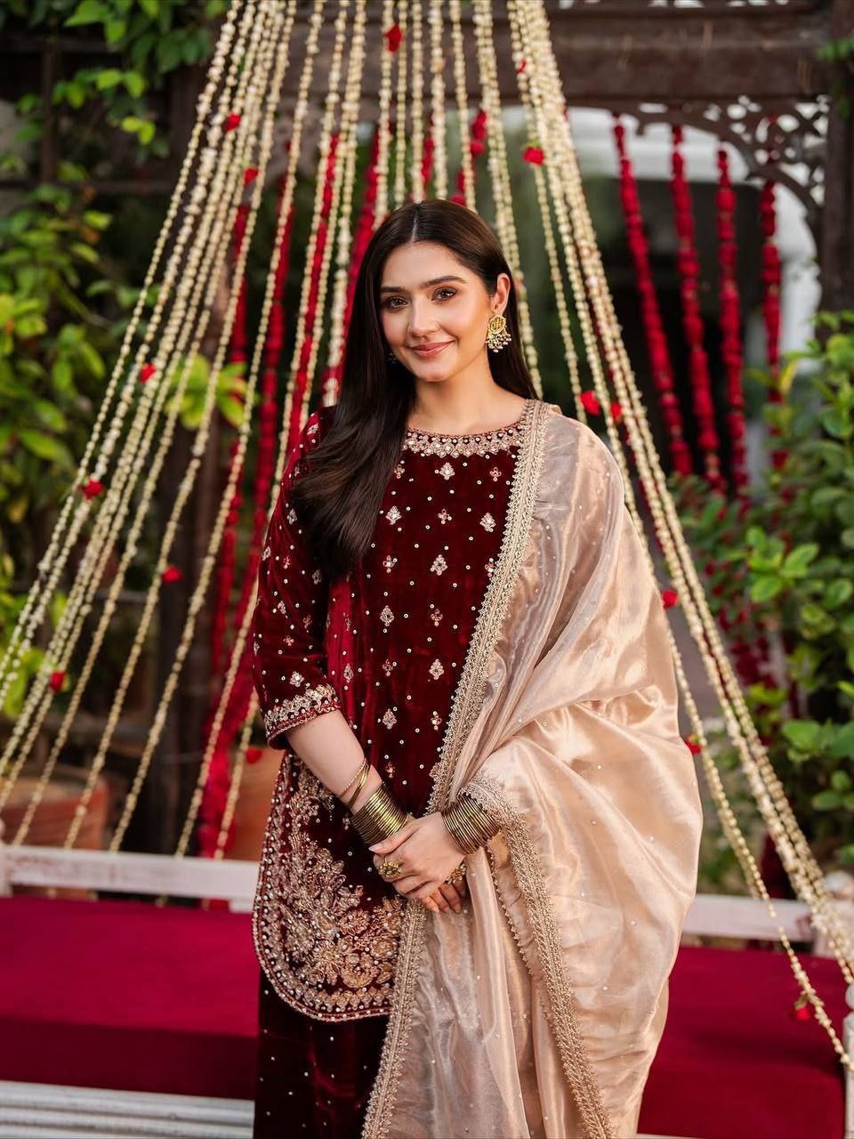 Velvet Embroidered Top Plazzo Set with Organza Dupatta Party Wear