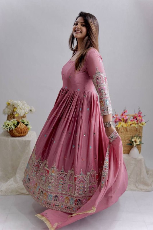 Pure Chinon Silk Embroidered Gown with Pant & Dupatta – Premium Festive Wear