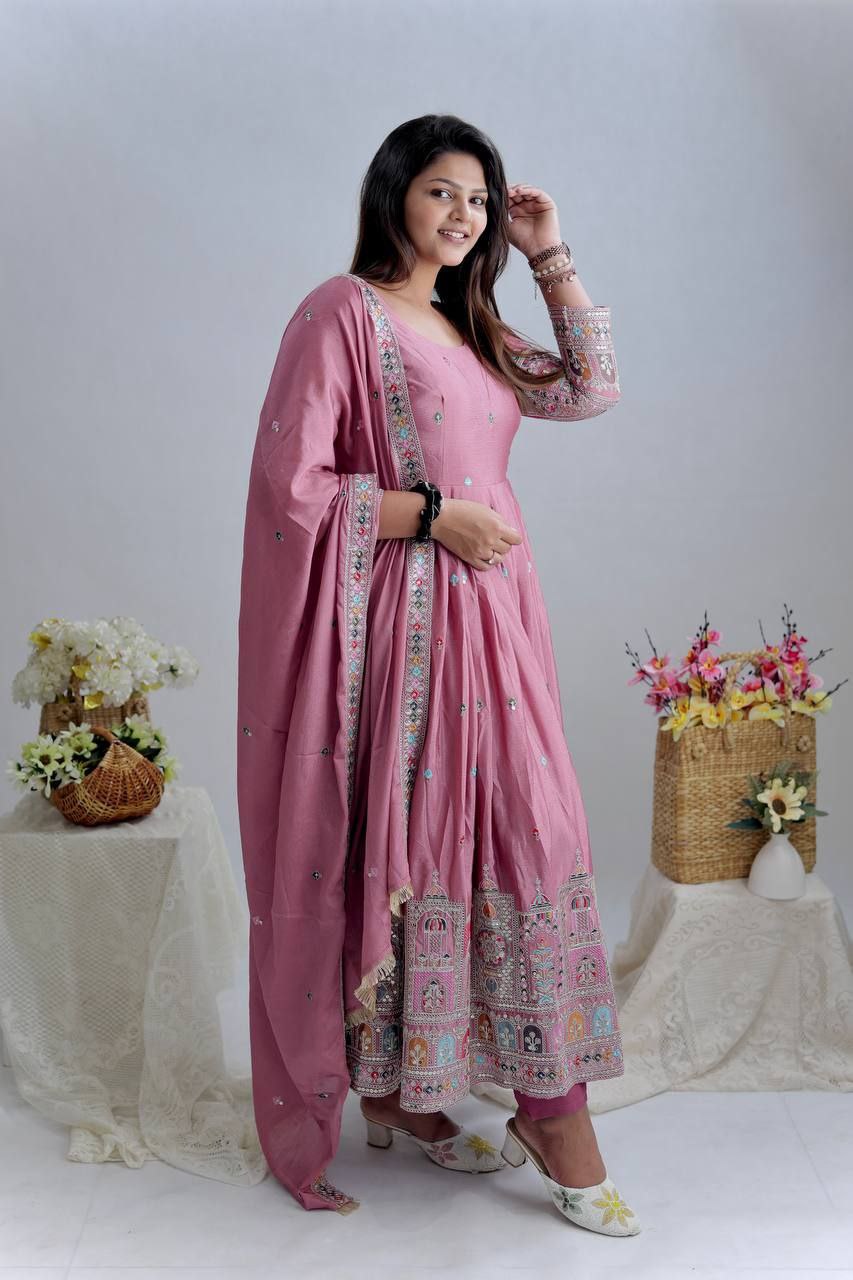 Pure Chinon Silk Embroidered Gown with Pant & Dupatta – Premium Festive Wear