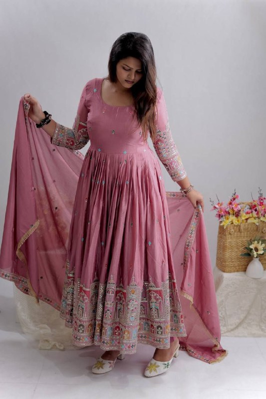 Pure Chinon Silk Embroidered Gown with Pant & Dupatta – Premium Festive Wear