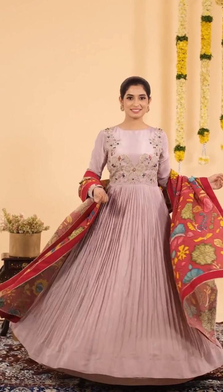 Chinon Fabric Embroidered Gown with Micro Cotton Inner Premium Quality