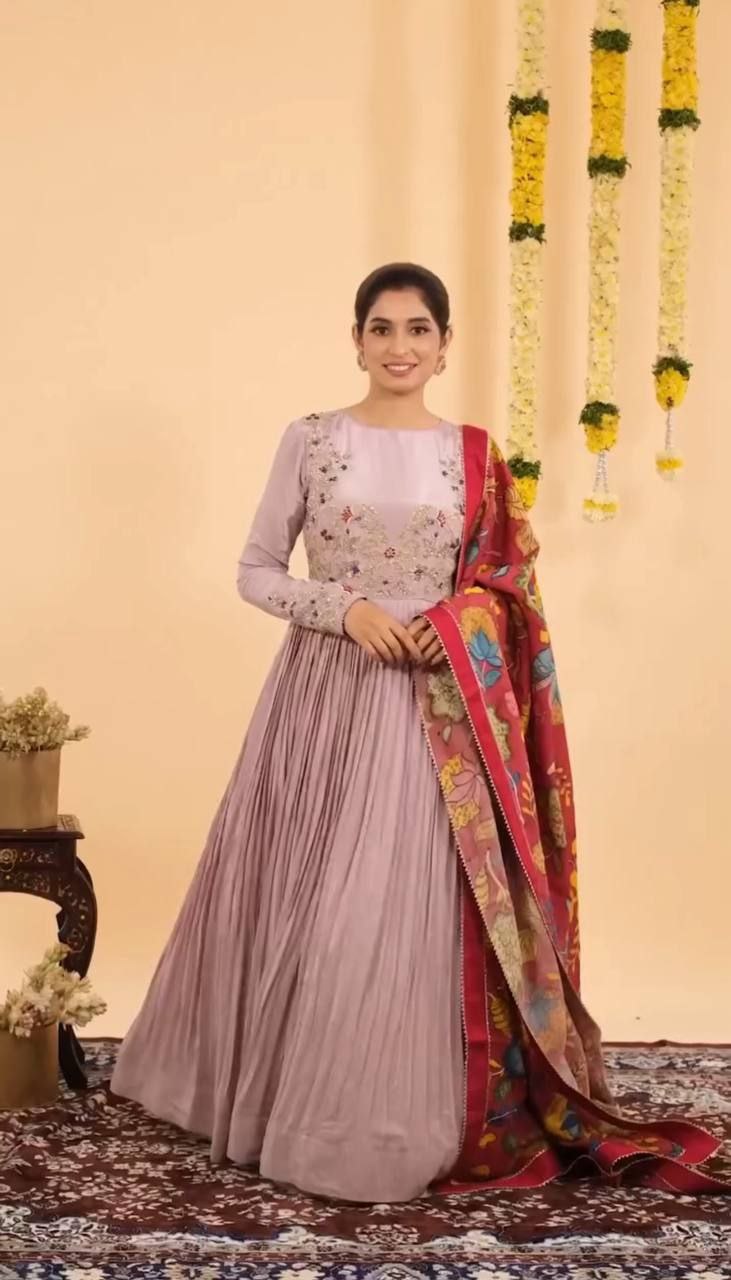 Chinon Fabric Embroidered Gown with Micro Cotton Inner Premium Quality