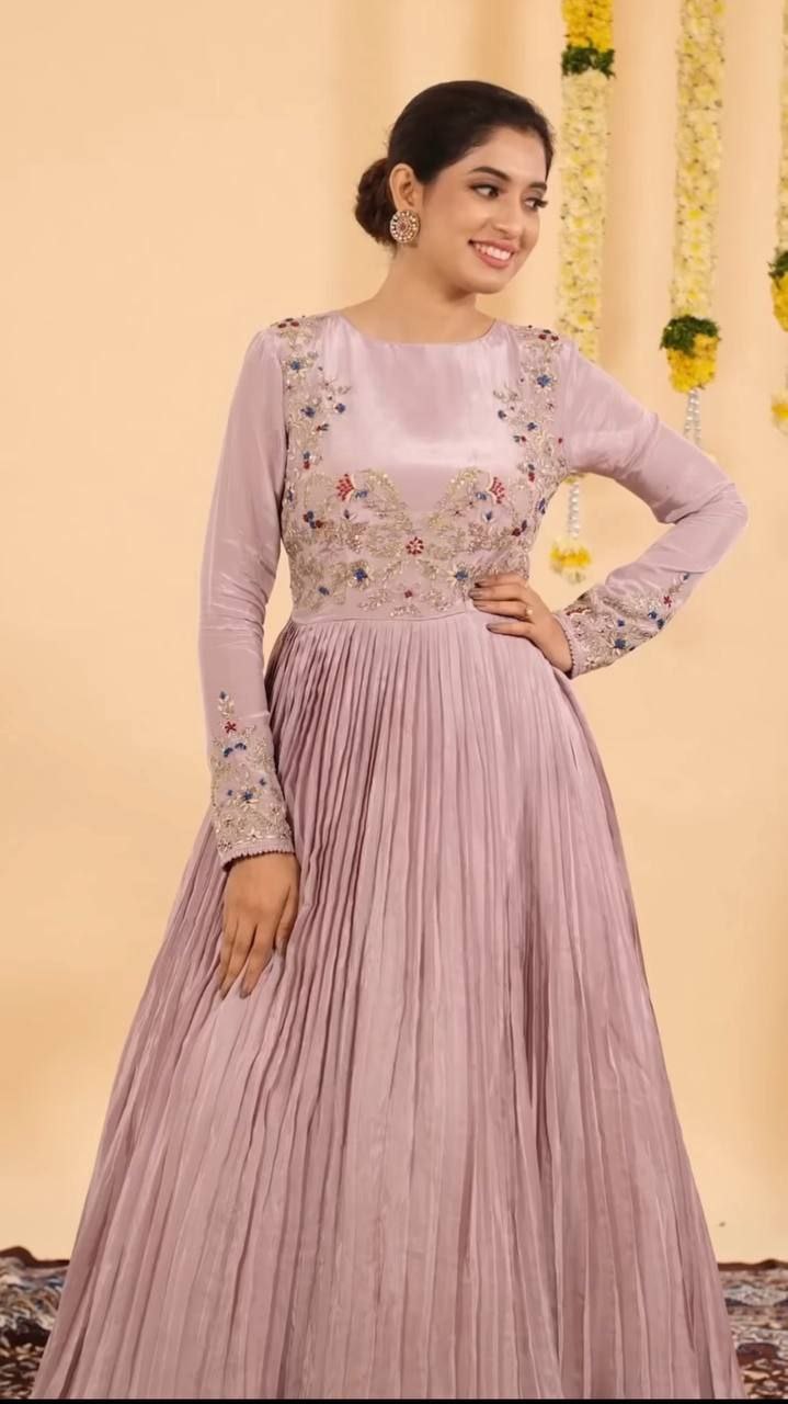 Chinon Fabric Embroidered Gown with Micro Cotton Inner Premium Quality