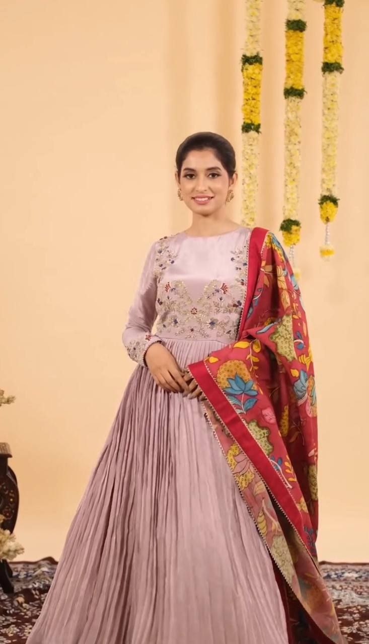 Chinon Fabric Embroidered Gown with Micro Cotton Inner Premium Quality