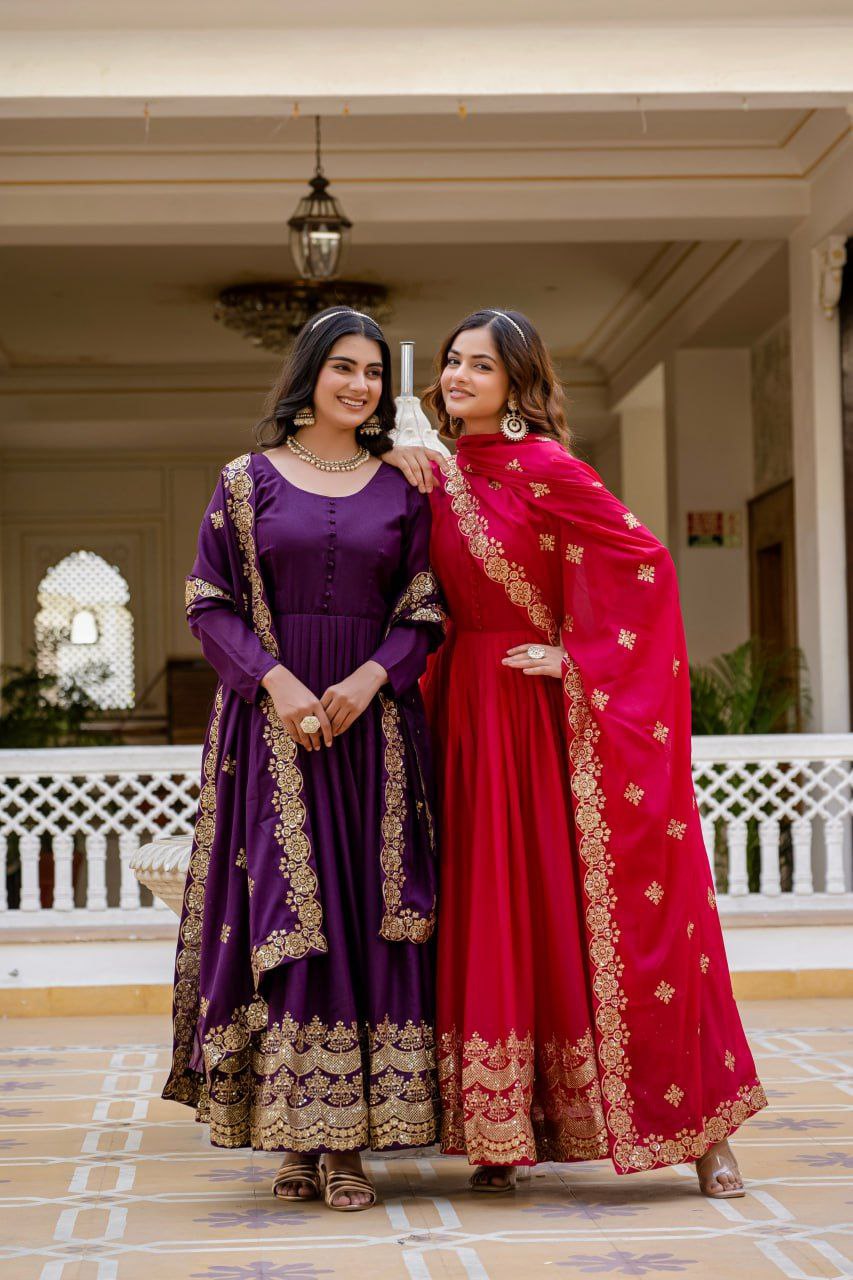 Premium Star Georgette Readymade Gown with Dupatta – Sequins Embroidery, Full Length Anarkali Style (Wine & Pink)