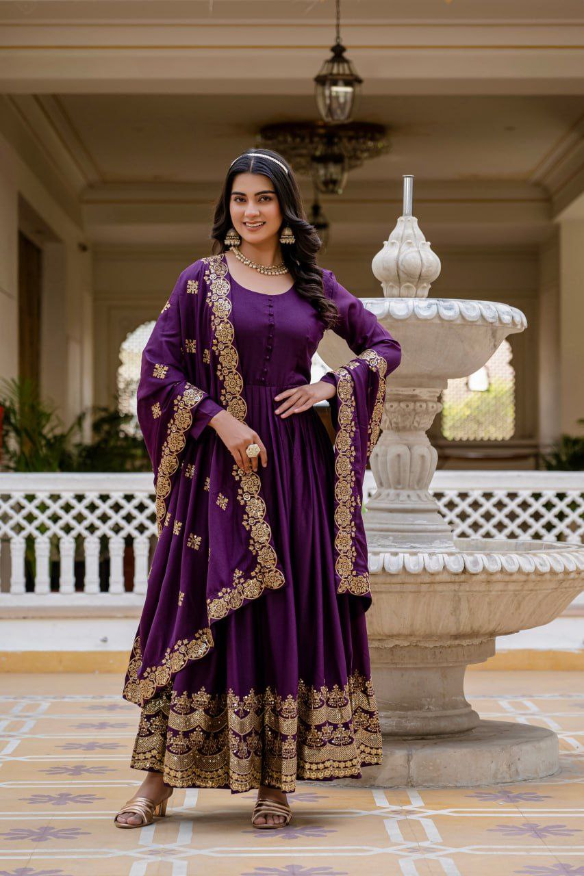 Premium Star Georgette Readymade Gown with Dupatta – Sequins Embroidery, Full Length Anarkali Style (Wine & Pink)