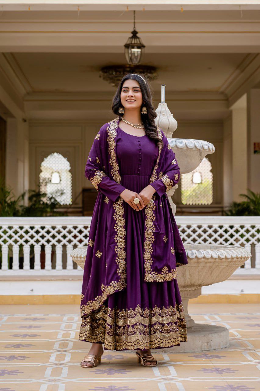 Premium Star Georgette Readymade Gown with Dupatta – Sequins Embroidery, Full Length Anarkali Style (Wine & Pink)